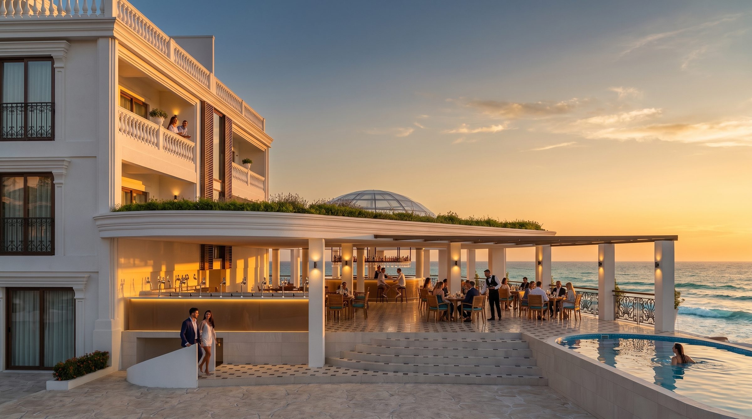 The pool terrace and restaurant at Cent'Anni at sunset, looking out to the sea at Batu Belig