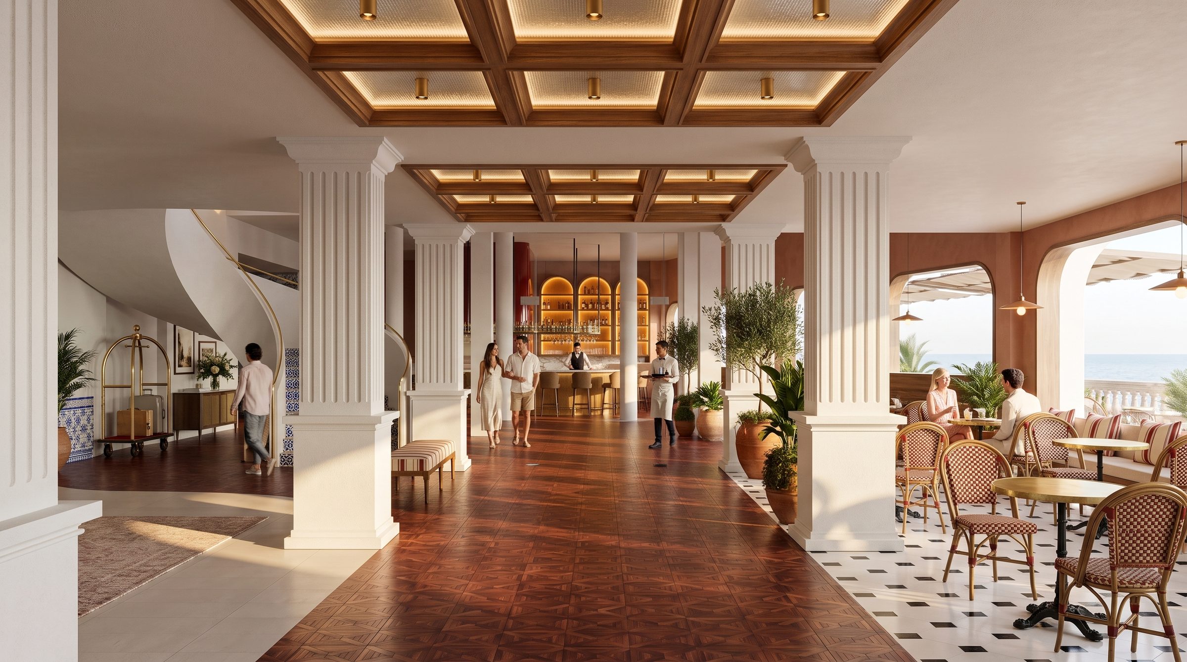 The galleria at Cent'Anni: white fluted columns, a coffered timber ceiling and a café opening onto the sea